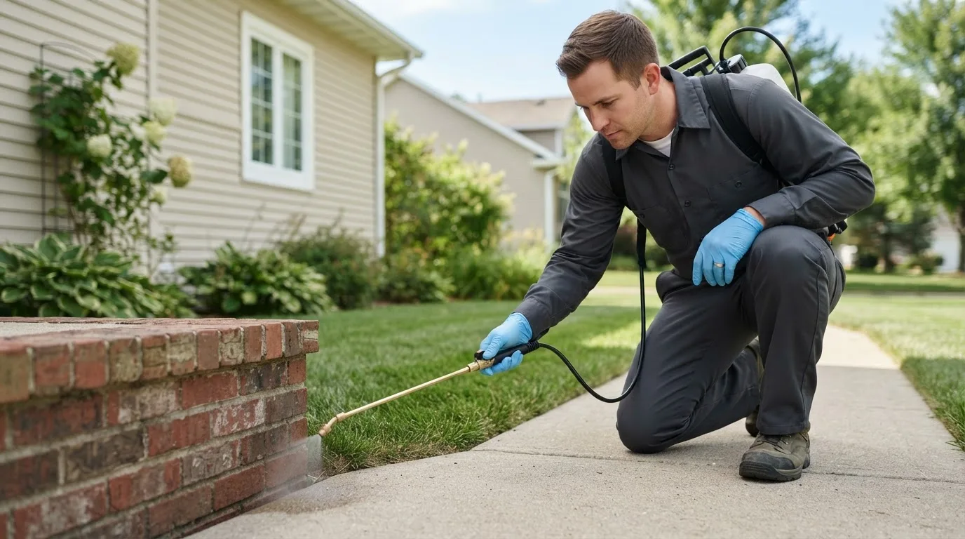 Pest control technician treating a home near East Kingston, NH