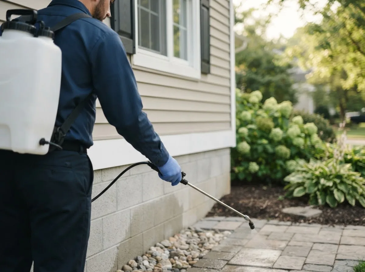 Pest control technician inspecting a home in East Kingston, NH